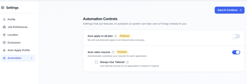 Automation Controls settings