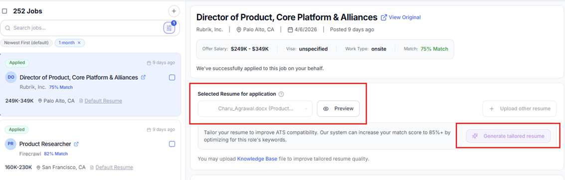 Jobs dashboard with Selected Resume for application