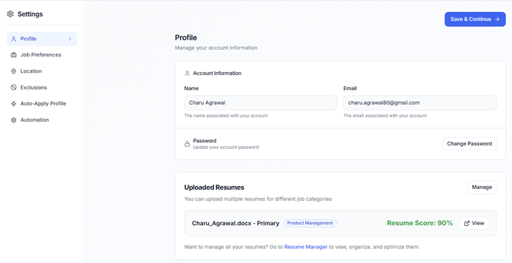Settings Profile page showing resume upload and score